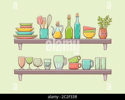 Kitchen supplies on shelves. Two shelves with bowls, bottles, an oilcan, glasses, cups and other kitchenwares. Hand drawn vector illustration isolated Stock Vector