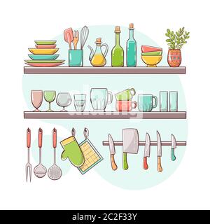 Kitchen supplies on shelves. Two shelves and hangers with bowls, glasses, bottles, kitchen knives and other kitchenwares. Hand drawn vector illustrati Stock Vector