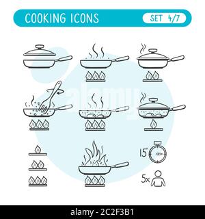 Cooking instructions icon set. Very useful to explain cooking recipes. Doodle style. Fourth part of seven images full collection. Stock Vector