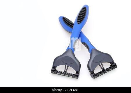 blue disposable shaving razor on white background Stock Photo