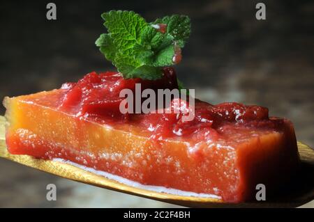 Slice of aspic with peaches Stock Photo