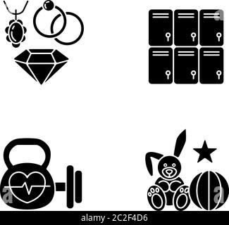 Shopping mall departments black glyph icons set on white space Stock Vector