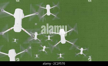 Many drones flying over the green lawn covered with grass. Quadrocopter over the meadow. Top view. Focus on foreground. Illustration with copy space. Stock Photo