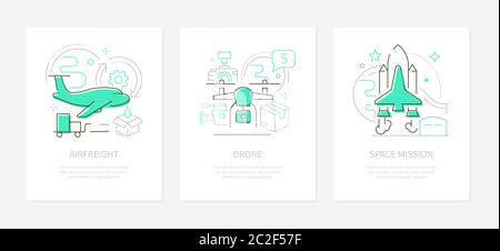 Air transportation - line design style banners set Stock Vector
