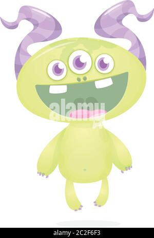 Happy and cute excited monster with three eyes dancing. Halloween vector illustration. Big set of cartoon monsters Stock Vector
