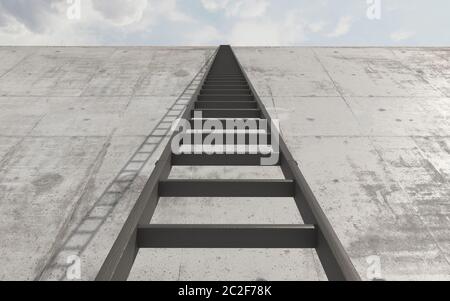 A step ladder standing against a high concrete wall. View from the bottom up. Conceptual creative illustration with copy space. 3D rendering Stock Photo