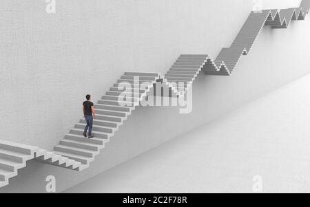 An ambitious man is walking up the stairs to his purpose rising up and down. Hard way to success on a career ladder. Conceptual creative illustration Stock Photo