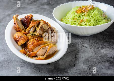 Roasted duck noodles, green noodles with roasted duck, Asian foods Stock Photo