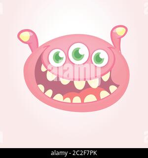 Cartoon thee eyed monster head illustration. Design for logo or sticker Stock Vector