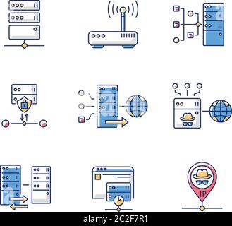 Virtual proxy servers RGB color icons set Stock Vector