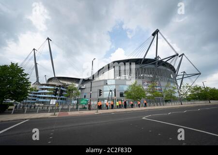 Manchester, UK. 17th June, 2020. The Etihad Stadium is seen before Manchester City play Arsenal as the Premier League returns 100 days after it was curtailed in the face of coronavirus, Manchester, UK. Credit: Jon Super/Alamy Live News. Stock Photo