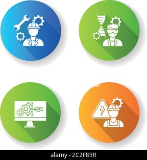 Engineering career type flat design long shadow glyph icons set Stock Vector