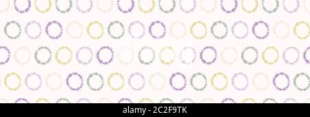 Dotty shibori tie dye sunburst circle border background. Seamless pattern on bleached resist white ribbon. Pastel dyed ink ring batik edging trim Stock Vector