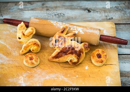 easter bunnies pastry on wooden table Stock Photo