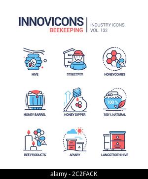 Beekeeping - modern colorful line design style icons Stock Vector