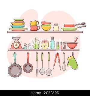 Kitchen supplies on shelves. Two shelves and hangers with plates, bowls, bottles, pans and other kitchenwares. Hand drawn vector illustration isolated Stock Vector