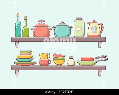 Kitchen supplies on shelves. Two shelves with plates, bottles, pans, pots, cups and other kitchenwares. Hand drawn vector illustration isolated on lig Stock Vector