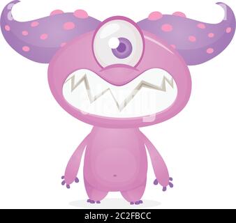 Happy and cute excited monster with one eye. Halloween vector illustration. Big set of cartoon monsters Stock Vector