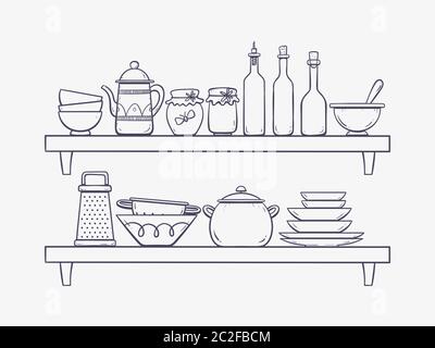 Kitchen supplies on shelves. Two shelves with plates, bottles, teapot, bowls and other kitchenwares. Hand drawn vector illustration isolated on white Stock Vector