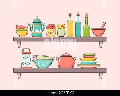 Kitchen supplies on shelves. Two shelves with plates, bottles, teapot, bowls and other kitchenwares. Hand drawn vector illustration isolated on light Stock Vector