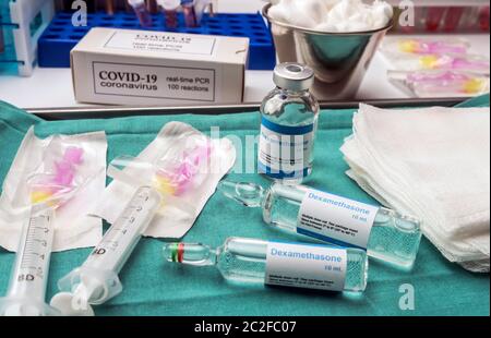 Medical treatment with Dexamethasone in the hospital, Innovative treatment for seriously ill hospital patients in Covid-19, conceptual image Stock Photo