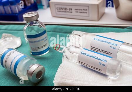 Medical treatment with Dexamethasone in the hospital, Innovative treatment for seriously ill hospital patients in Covid-19, conceptual image Stock Photo