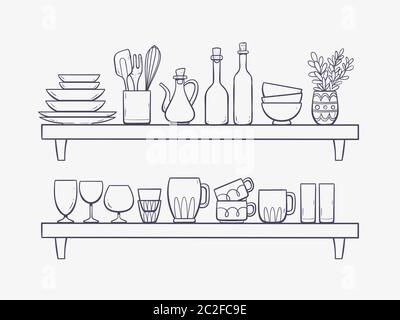 Kitchen supplies on shelves. Two shelves with bowls, bottles, an oilcan, glasses, cups and other kitchenwares. Hand drawn vector illustration isolated Stock Vector