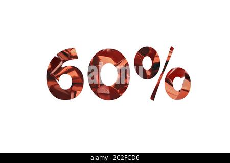 Number 60 cut out of red gift ribbon with percent sign Stock Photo