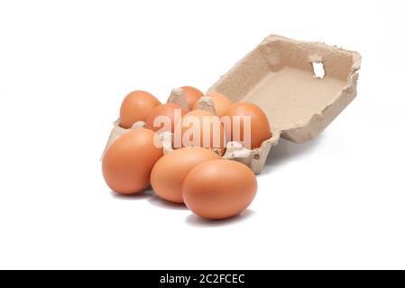 Egg in paper box isolated in white background. Eggs in carton. Green packaging. Chicken eggs from organic farm. Brown cardboard box package. Paper con Stock Photo