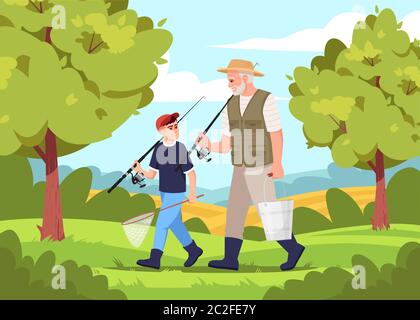 Family going fishing together semi flat vector illustration. Rural lifestyle. Summer activity in village. Grandson with grandfather with fishing rods Stock Vector