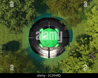 UFO on the green meadow in the forest among the trees. Unknown flying object on grass on the top view. Landed flying saucer. Aerial view. 3D render. Stock Photo