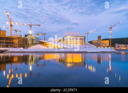 Oslo city skyline with Oslo Opera House at night in Oslo city, Norway Stock Photo