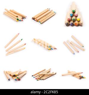 set of color wooden pencils isolated on white background. natural color. Art and hobby tools, set of colorful stationery Stock Photo