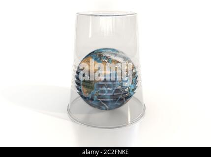 Planets Earth is covered with a plastic cup. Environmental pollution by toxic waste. The planet is suffocating and doomed to death due to garbage. Con Stock Photo