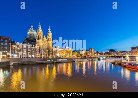 Amsterdam skyline with landmark buidings and canal in Amsterdam city, Netherlands Stock Photo