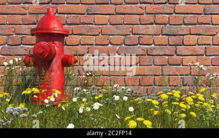 An old red fire hydrant stands in the grass with wildflowers opposite a brick wall. Front view. Illustration with copy space. 3D render. Stock Photo