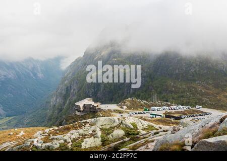 Parking to the Kjerag trail in Lysebotn on the Lysefjord in Norway. Stock Photo