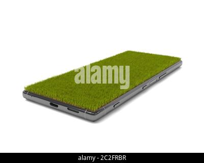 Smartphone with grass covered screen. Mobile phone isolated on a white background with copy space. Realistic grass grows on display. Creative conceptu Stock Photo