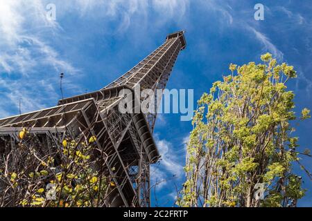 Paris, France, March 30 2017: Tower Eiffel, Paris, seen from the park. Eiffel tower on a beautiful Spring day with a blue sky. M
