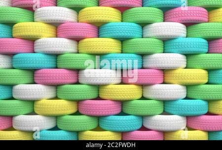 A bunch of car tires lie in a row on top of each other. Car tires are painted in colorful pastel colors. Creative conceptual illustration. 3D renderin Stock Photo