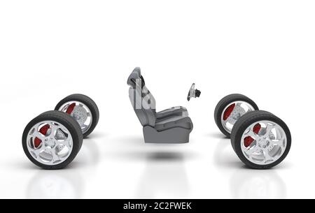 Disassembled Sports Car Parts isolated on a white background. Wheels, steering wheel and car seats. Car design project and Auto parts assembly. Creati Stock Photo