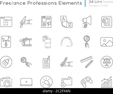 Freelance professions elements pixel perfect linear icons set Stock Vector