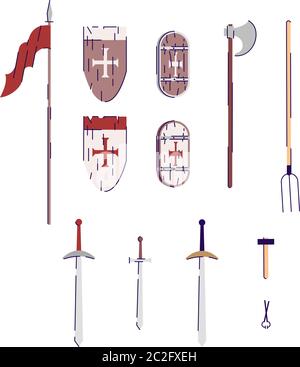 Medieval weapons and tools semi flat RGB color vector illustration set Stock Vector