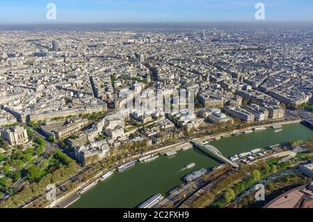 Paris, France, March 30, 2017: Aerial view of Paris from the Eiffel Tower. Panoramic view of the skyline over Paris. Roof landsc Stock Photo