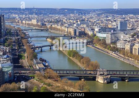 Paris, France, March 30, 2017: Aerial view of Paris from the Eiffel Tower. Panoramic view of the skyline over Paris. Roof landsc Stock Photo