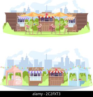 Daytime town food court semi flat vector illustration set Stock Vector
