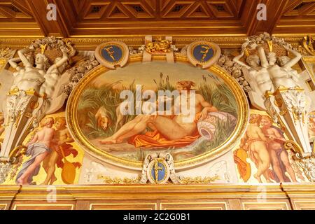 Fontainebleau, France, March 30, 2017: Interiors, paintings, architectural details of the castle of Fontainebleau, France, home