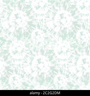 Blurry shibori tie dye naive daisy background. Seamless pattern on bleached resist white. Spring neo mint pastel for distressed dip dyed batik textile Stock Vector