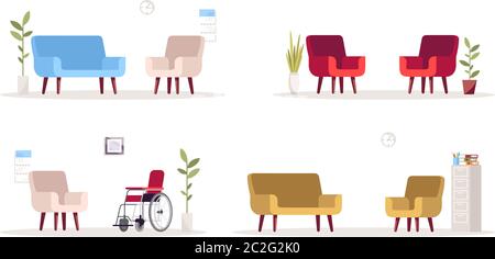 Psychologist workplace semi flat RGB color vector illustration set Stock Vector