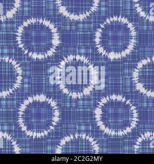 Polka dot ring tie dye seamless pattern. Hand dyed effect wax batik style all over print circle. Spliced streaks of gradient dye gingham check Stock Vector